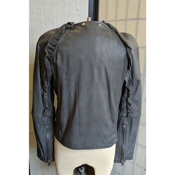 DIESEL Women's LEATHER JACKET Charcoal Gray L’HEZE Ruffle Detail NWT - Picture 3 of 10